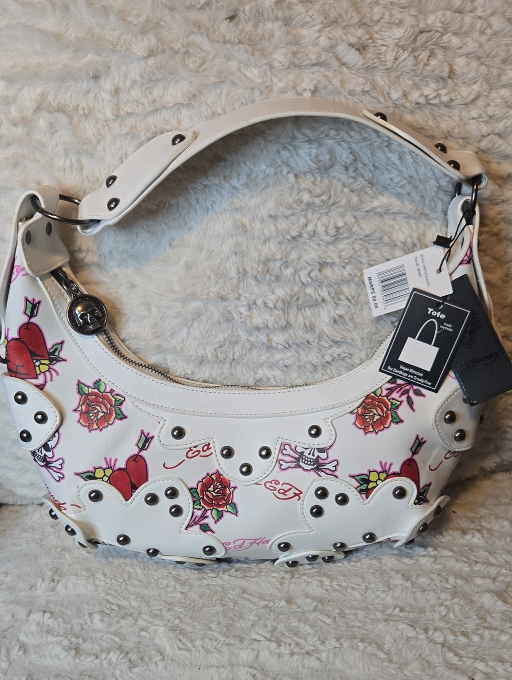 Ed Hardy White Shoulder Bag with Pink & Red Floral Hearts